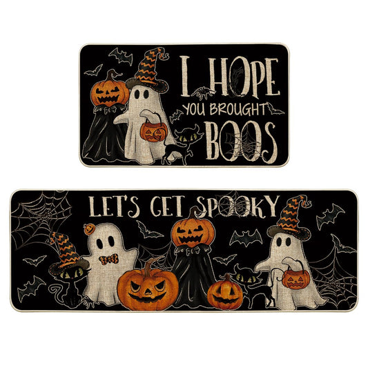 Artoid Mode Black I Hope You Brought Boos Spider Web Pumpkin Halloween Kitchen Mats Set of 2, Black Cat Home Decor Low-Profile Kitchen Rugs for Floor - 17x29 and 17x47 Inch