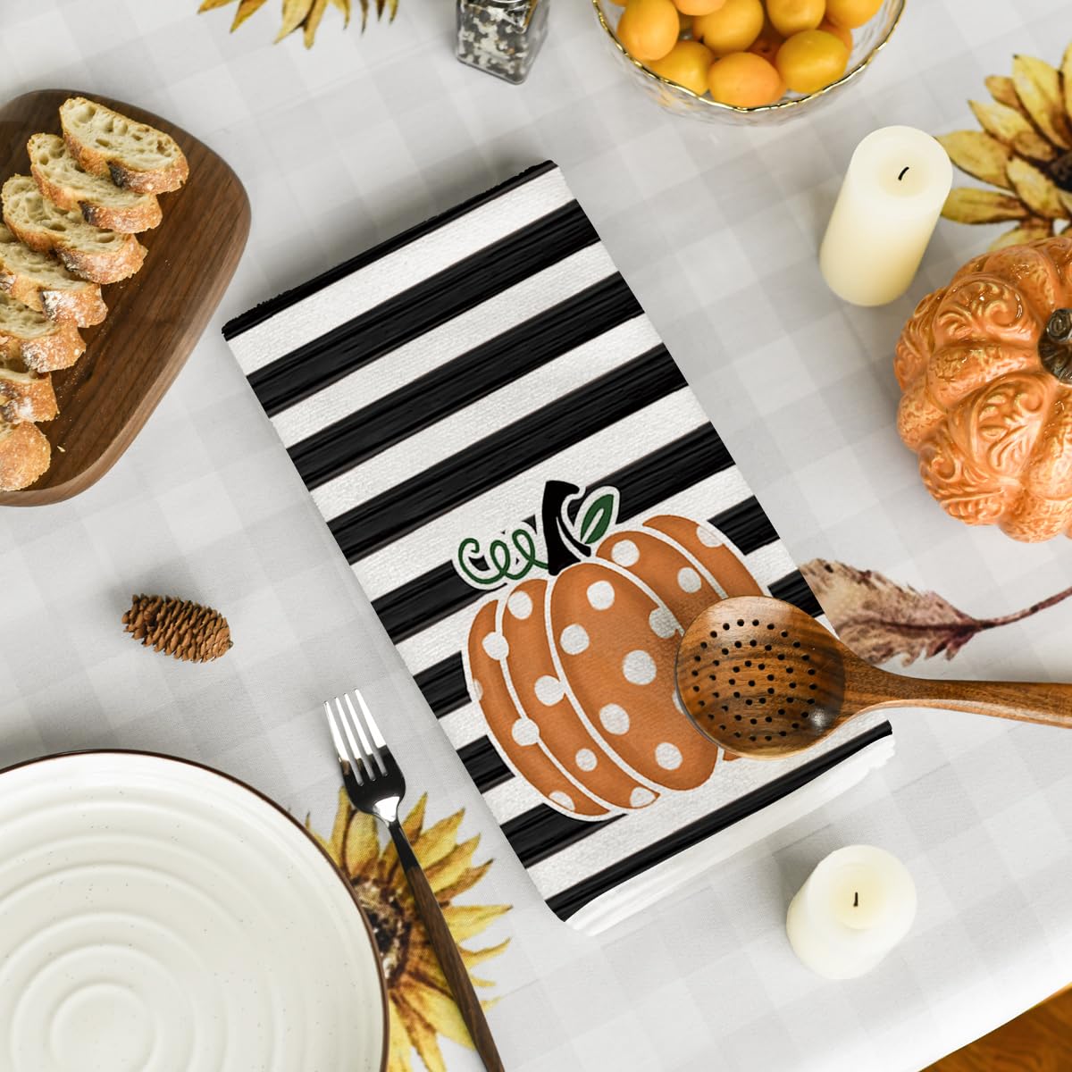 Artoid Mode Orange Polka Dot Stripes Hello Pumpkin Fall Kitchen Towels Dish Towels, 18x26 Inch Farmhouse Decoration Hand Towels Set of 2