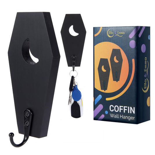 Ella & Emma Wall Mounted Coffin-Shaped Key Holder - Gothic Home Decor Wall Hanger with Hook - Gothic & Spooky Halloween Decor for Home - 2 Pieces (Coffin & Moon)