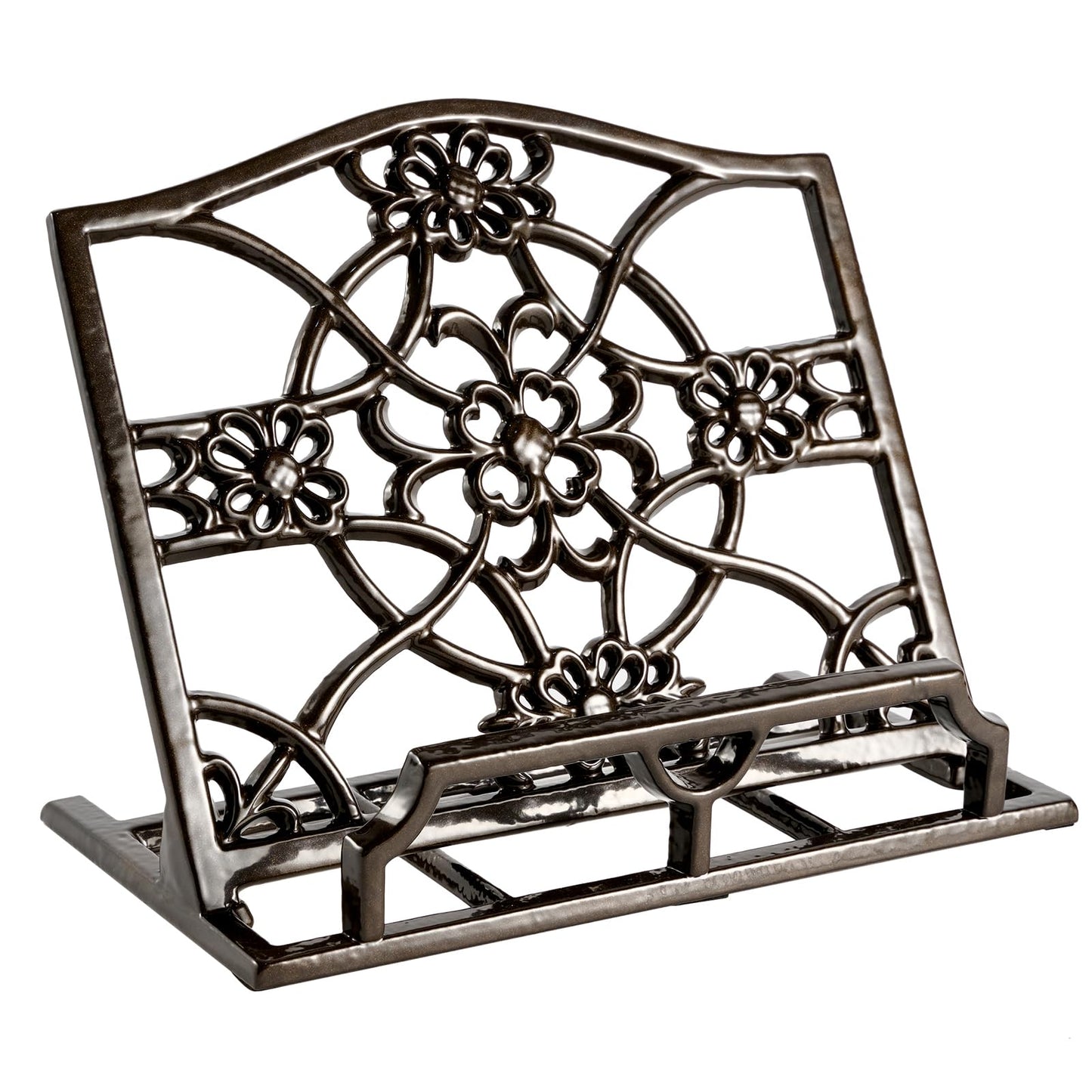 JOGREFUL Cookbook Stand, Cast Iron Heavy-Duty Recipe Book Holder, Kitchen Vintage Recipe Book Holder, Reading Rest Holder for Easel/Counter/Books/Magazine/iPad/Bible, Flower Pattern, Coffee Gold