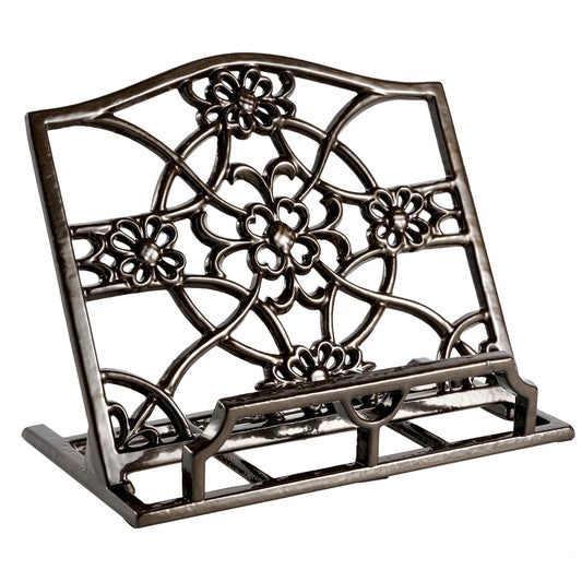 JOGREFUL Cookbook Stand, Cast Iron Heavy-Duty Recipe Book Holder, Kitchen Vintage Recipe Book Holder, Reading Rest Holder for Easel/Counter/Books/Magazine/iPad/Bible, Flower Pattern, Coffee Gold