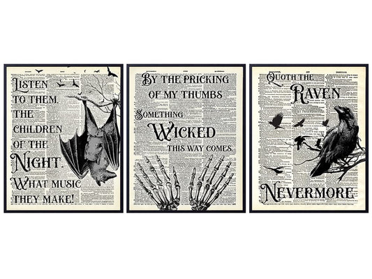 Creepy Spooky Edgar Allan Poe, The Raven Quotes Set - Dracula, Wicca, Vampire Bat, Witch, Witchcraft, Black Magic Supplies - Medieval Goth Wall Art, Gothic Decor - Wiccan Pagan Gift - Vintage Poster