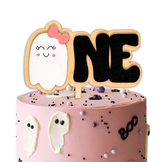 MUWEOL Spooky One Cake Topper - Halloween First Birthday Party Decoration,Little Cute Ghost With Pink Bow Wooden Cake Topper (spooky topper)