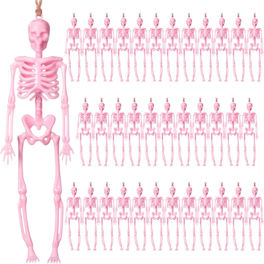 Roowest 36 Pcs Mini Skeleton Figurines Bulk, 6.7 Pink Halloween Skeletons Decor Small Plastic Hanging Skeletons for Halloween Craft Graveyard Haunted House Accessories Party Decor