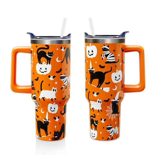Aokoyi Halloween Cat 40 Oz Tumbler With Handle and Straw, Cute Black Cats Stainless Steel Insulated Cup Water Bottle, Spooky Holiday Gifts for Women Men (1PC)