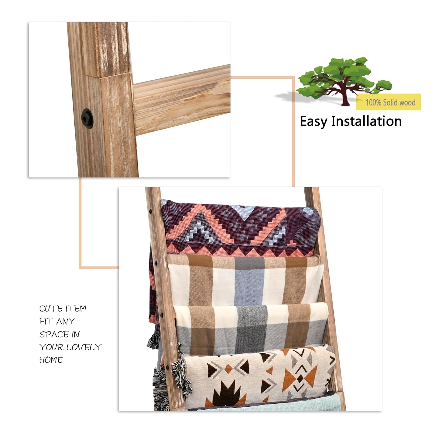 FUIN 6.4ft Extra Wide Wooden Blanket Ladder Living Room Decorative Wal Leaning Farmhouse Quilt Display Holder Rustic Wood Towel Rack for Bathroom, Burnt Brown, 24 inch Wide with 11 Rungs