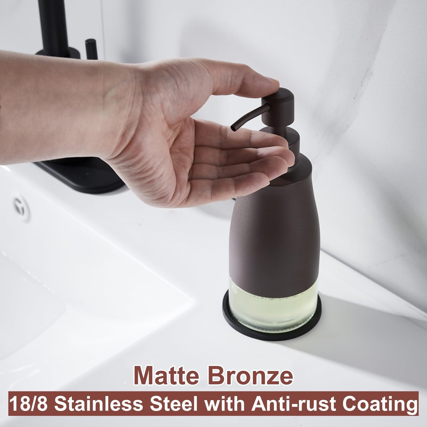 Gaussra Matte Brown Soap Dispenser with Coaster and Stickers, Stainless Steel and Glass Bottle Hand Pump Dispenser, Refillable Liquid Hand Soap Dispenser for Bathroom & Kitchen (11OZ / 320ML)