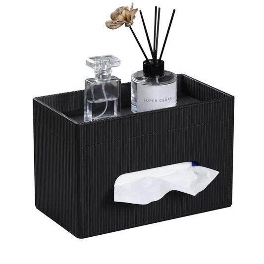 Cretkhp Tissue Box Cover Rectangle with Storage Tray, PU Leather Tissue Holder for Bathroom Vanity Countertop Night Stands Bedroom Office Desk, Stylish Rectangular Tissue Box Holder (Black)