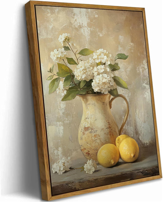 UXOCBTAH With Frame Hydrangea Canvas Wall Art Vintage Hydrangea Lemons Still Life Picture Wall Decor Rural Farmhouse Painting Print for Country kitchen Home Decoration 8x10in