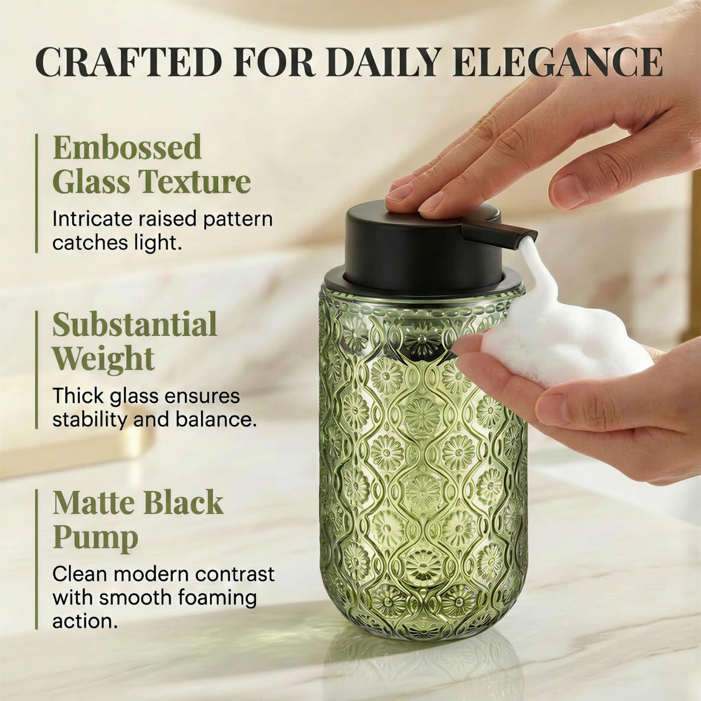 zuxzmj Green Glass Foaming Hand Soap Dispenser with Matte Black Pump Thick Embossed Bottle Refillable for Bathroom and Kitchen Decor 13.5 oz