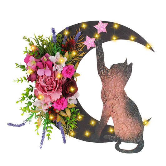 GLLBTPT Halloween Moon Cat Wreath Signs for Front Door with Lights,Handcrafted Halloween Horror Wreath for Indoor Outdoor Party Window Wall Decor Farmhouse Garland Yard (Design A)