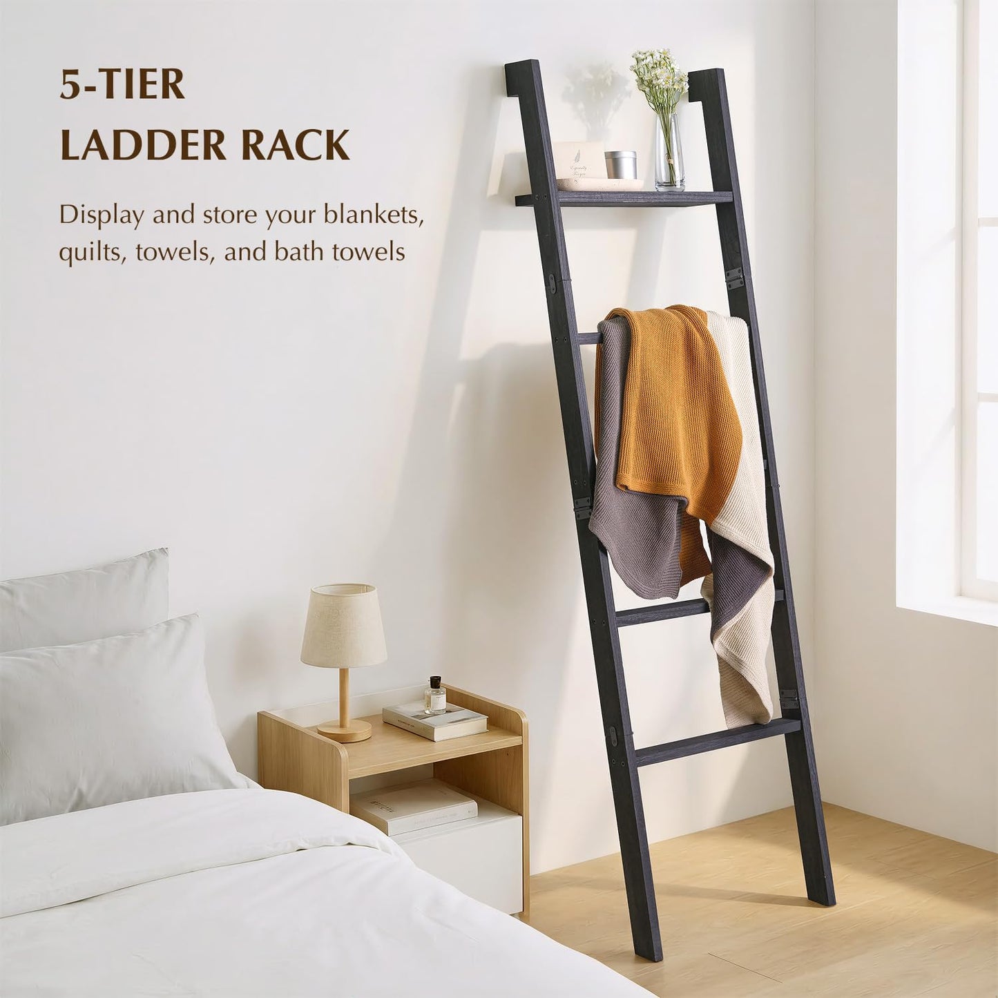 KOSKOG Blanket Ladder with Top Shelf, 5-Tier Wood 64” Decorative Ladder for Living Room Throws, Bedroom Quilt, Bathroom Towel & Toiletry Storage, Home Decor Stand (Black)
