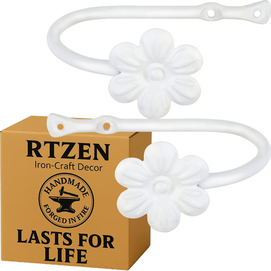RTZEN Decorative Metal Curtain Tiebacks - Farmhouse Wrought Iron Curtain Holdbacks - Drapery Holders for Wall - Unique Metal Tie Backs for Curtains - 2 Pcs (White Flower)