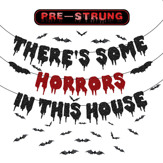 Halloween Party Decorations, There's Some Horrors in This House Banner - Fufuddz Funny Glitter Bloody Scary Happy Birthday Garland with Bat Stickers Trunk or Treat Bachelorette Supplies