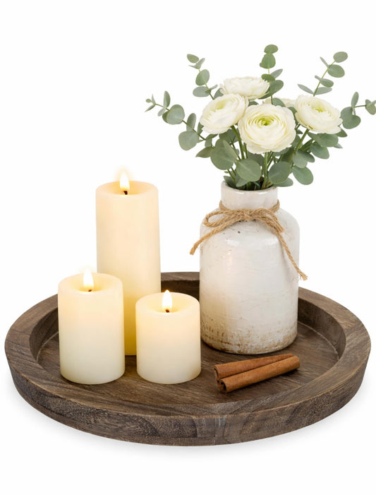Hanobe Candle Plate Holder Tray: Round Wood Decorative Candle Plate - Rustic Farmhouse CoffeeTable Decor - Tealight Pillar Trays for Home Decor (Distressed)