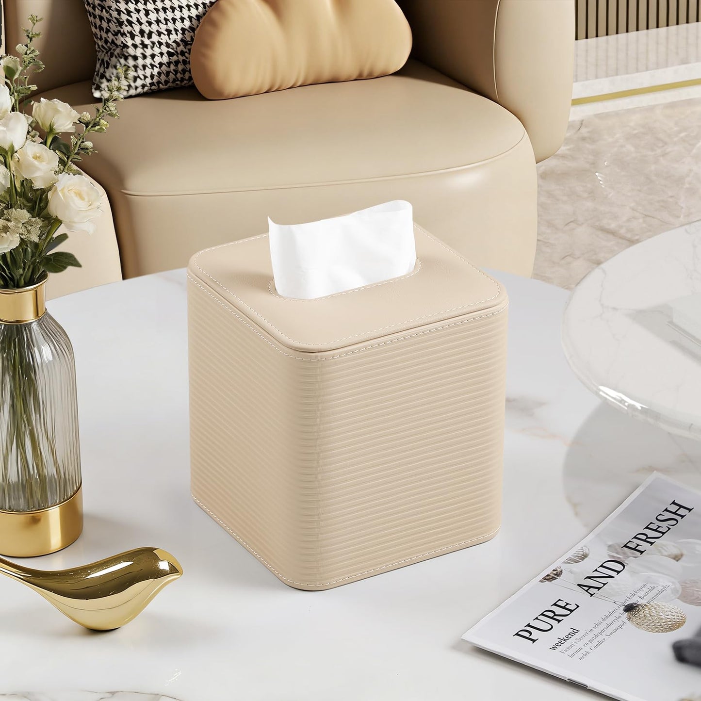 Tissue Box Cover Square with Magnetic Closure, PU Leather Tissue Box Holder for Bathroom NightStands Livingroom, Decorative Modern Square Tissue Holder (Beige Thin Stripes)
