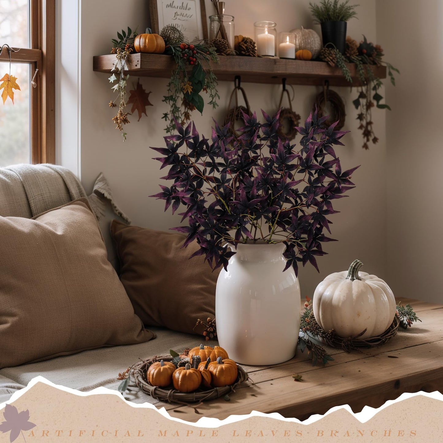 Janinka 29" Fall Artificial Japanese Maple Leaves Stem Fake Fall Maple Leaves Stem Autumn Faux Bushes for Vase Farmhouse Table Centerpiece Halloween Thanksgiving Decor 3 Pcs(Black Currant)