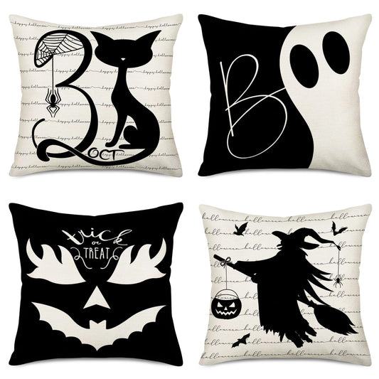 Easternproject Halloween Boo Throw Pillow Covers Set of 4 20x20 Inch October 31 Cat Trick or Treat Evil Pumpkin Ghost Witch Halloween Fall Farmhouse Decorations Pillows Cushion Cases Black White