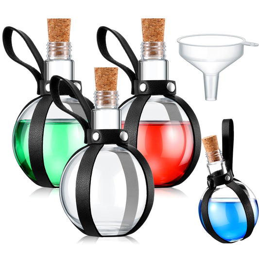 Baderke 3 Set 8 oz Plastic Potion Bottle with Cork Stopper Cosplay Accessories with Leather Belt Witch Cosplay Props Decorative Round Spherical Bottles for Halloween Party Decorations (Black)