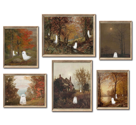 6Pcs Vintage Halloween Canvas Wall Art Cute Ghost Pictures Poster Wall Decor Rural Farmhouse Painting Fall Natural Landscape Gallery Paintings Artwork for Bedroom Room Decorations Unframed