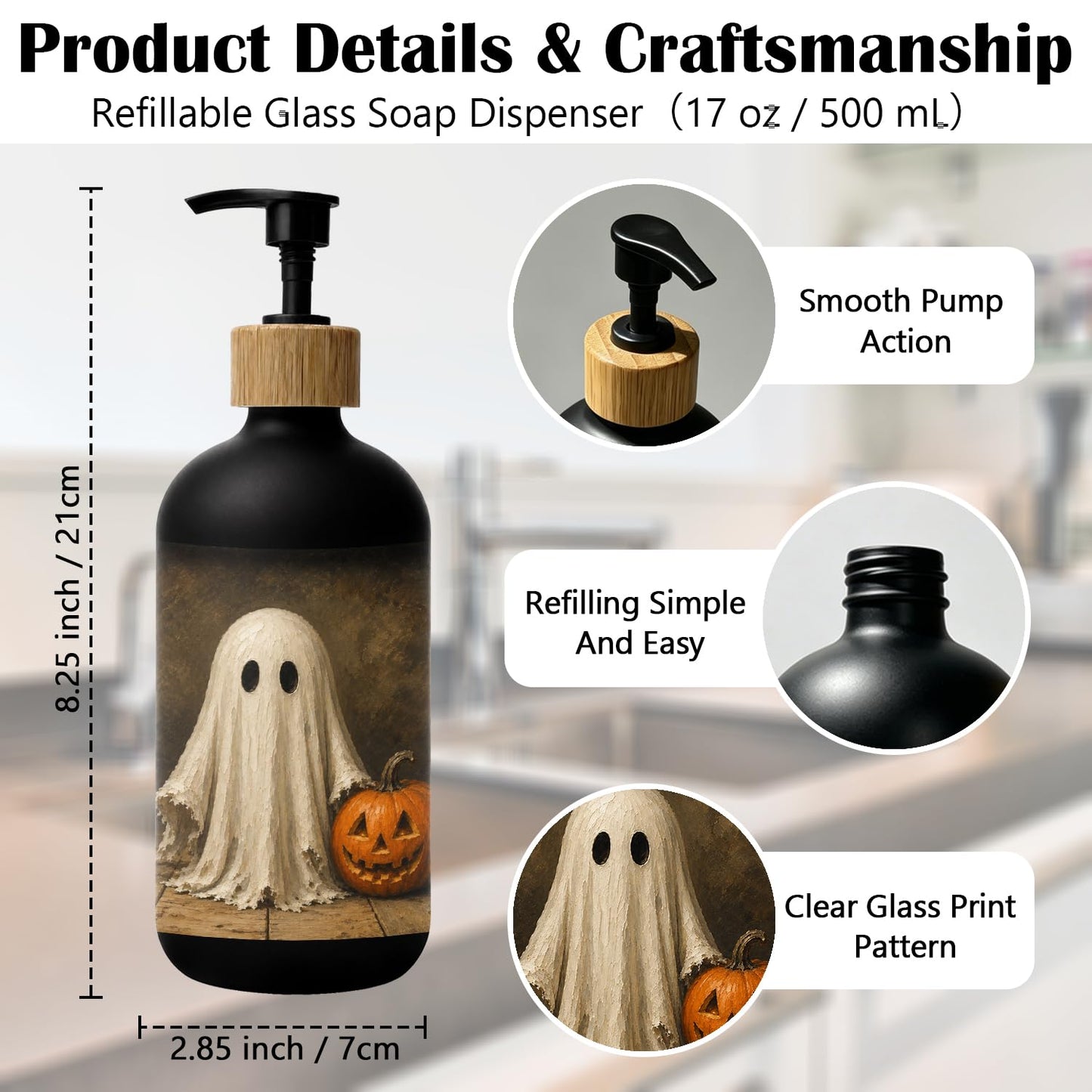 Stelloriellea Halloween Ghost Black Glass Soap Dispenser with Pump