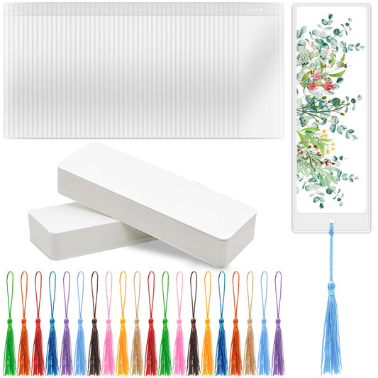 DSYIL 100 PCS Blank Bookmarks, 100 PCS Clear Bookmark Sleeves and 100 Colorful Tassels, DIY Paper Book Marks Kit for Making Your Own Bookmarks and Gift Tags, 5.5 x 2 Inches