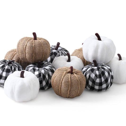 SITUMEIZI 12 Pcs Pumpkins Fake Harvest Velvet Pumpkin White Black Small Faux Fabric Foam Pumpkin for Fall Decor Wedding Thanksgiving Halloween Home Farmhouse Decoration(Burlap)