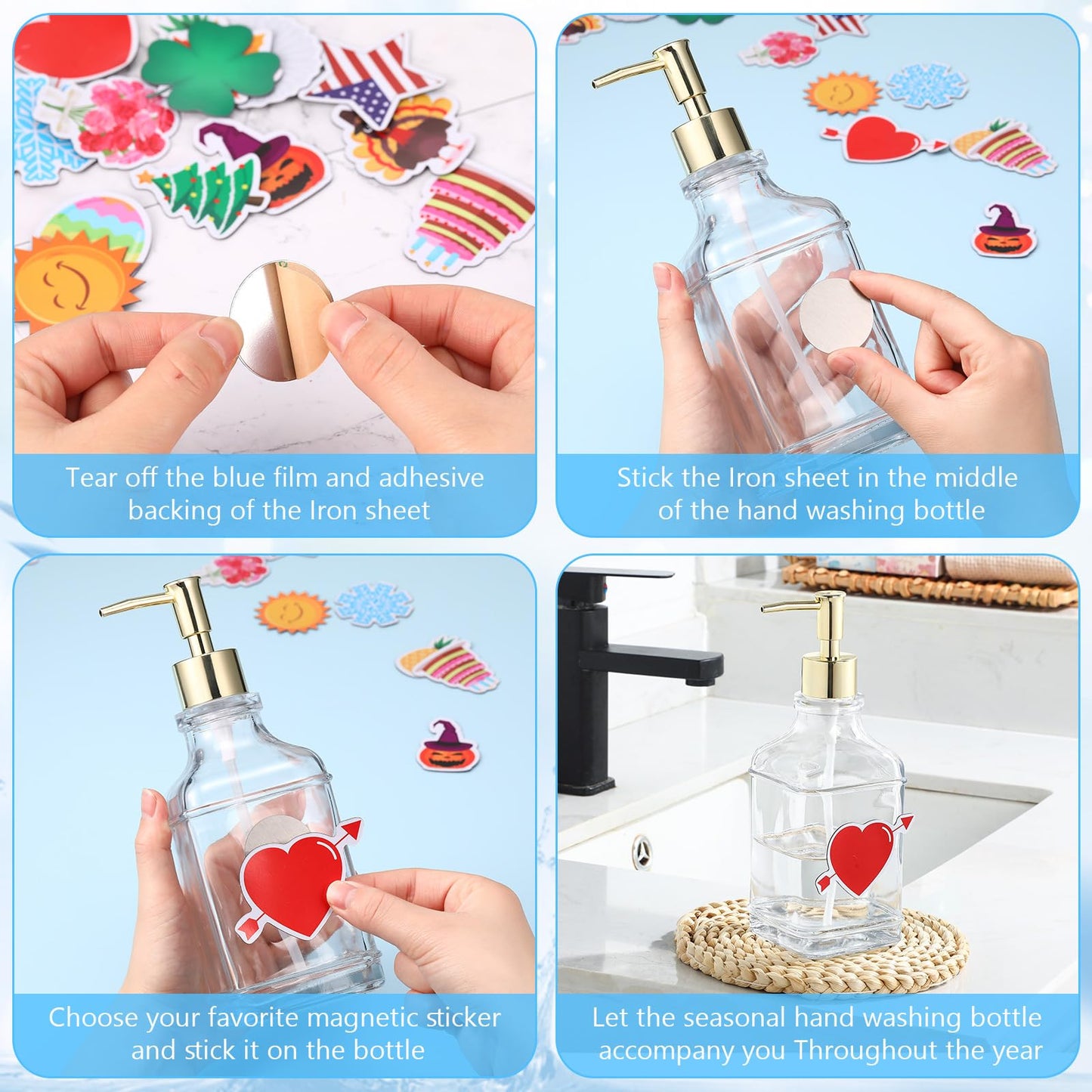 Teenyyou Seasonal Patriotic Soap Dispenser with 14 Interchangeable Seasonal Festival Magnets Glass Lotion 4th of July Fall Holiday Soap Dispenser for Farmhouse Kitchen Bathroom Accessories