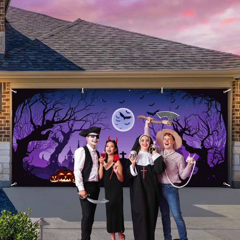 Lofaris 6x13ft Halloween Garage Door Cover Banner Purple Night Bat Full Moon Witch Graveyard Glowing Pumpkin Decor Outdoor Indoor Spooky Party Wall Window Yard Photography