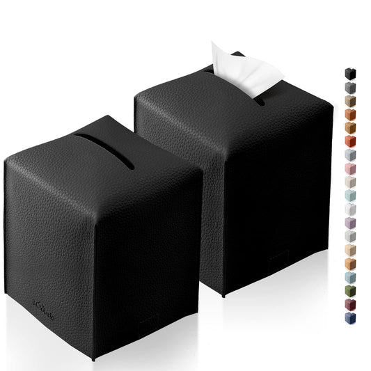 Tissue Box Cover, Tclouda, Modern PU Leather Square Tissue Box Holder for Creative Decorative, 2 Pack, Ideal for Bathrooms/Office/Car/Nightstand/Outdoor Tent/Dining Table, 5"X5"X5", Double Black