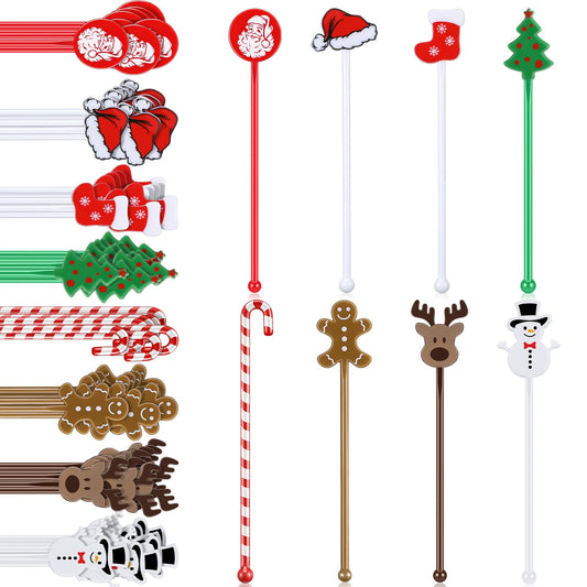 SiliFine 120 Pcs Christmas Plastic Swizzle Sticks Christmas Coffee and Cocktail Stirrers Hot Cocoa Stir Sticks Coffee Bar Decoration Reusable Beverage Drink Stirrers for Xmas Party Favor