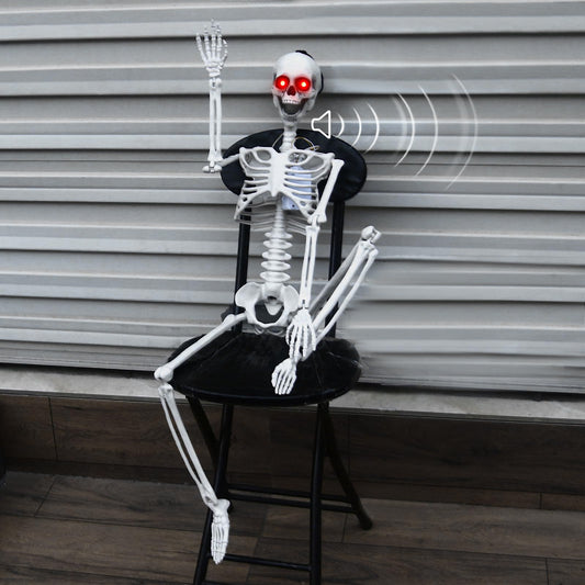 DUNCHATY Halloween Hanging Posable Skeleton - 3FT Prop Skull with LED Glowing Eyes and Creepy Shrilling Sound - Sound Activated Outdoor Halloween Decorations Skeleton Decoration