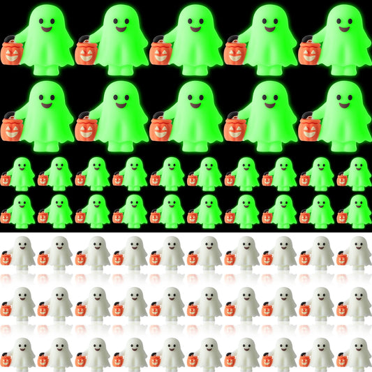 Simgoing 60 Pcs Halloween Mini Ghosts Figures Luminous Little Ghost Figures Glow in Dark Mini Statues Figurines to Hide and Seek Trick or Treat Gifts for Halloween Party Favors Dollhouse Toys