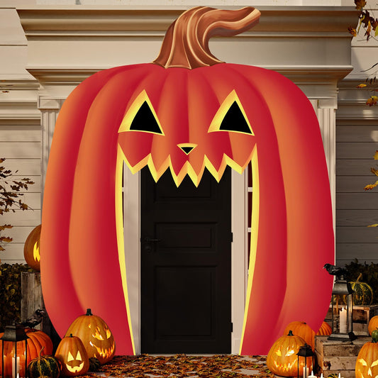 Wonderjune Halloween Outdoor Decorations Door Cover Large Banner Sign Pumpkin Archway Front Decorations Halloween Grimace Door Banner Sign for Outside Porch Yard Decoration, 110 x 94 Inch