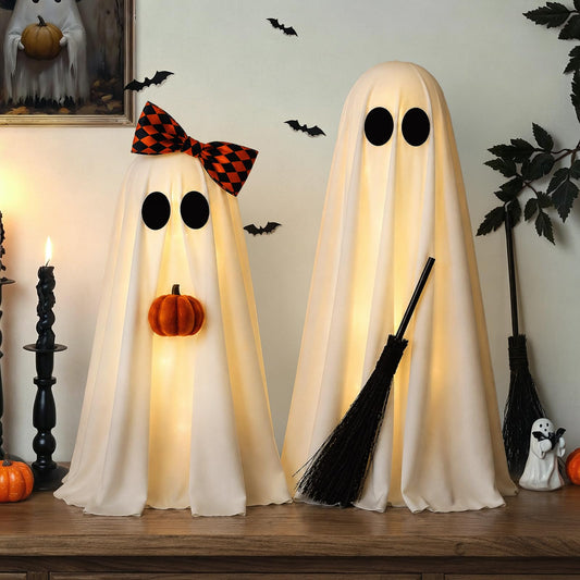 Halloween Decorations, 2 Pack Lighted Spooky Ghost with Pumpkin and Buffalo Plaid Bow, Cute Standing Ghost Decor for Halloween Decorations Indoor Home Office Table Mantel Shelf Party Supply
