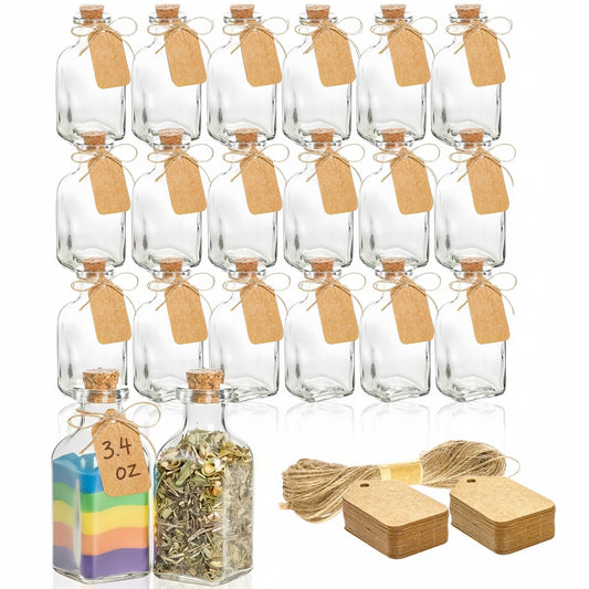 ZOOFOX 20 Pack Glass Bottles with Cork Stoppers, 3.4 oz Small Vintage Style Favor Jars, Clear Empty Cork Bottles for Party Favors, DIY Crafts, Extra Tags and String