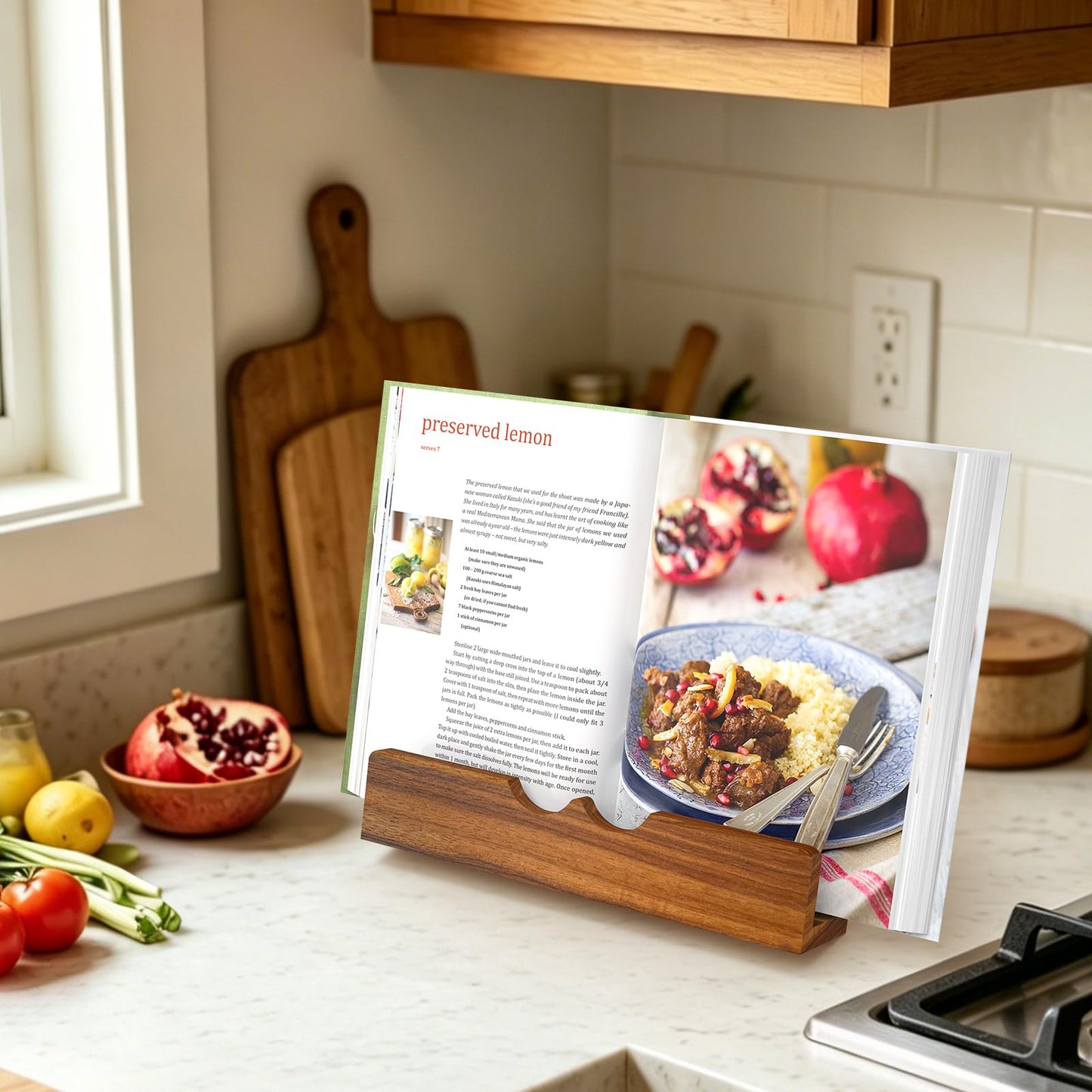 LWSFF Acacia Wood Cookbook Stand for Kitchen Counter | Adjustable Recipe Book Holder for Thick Cookbooks, Recipe Binders & Tablets, Solid Wood Kitchen Decor Gift for Home Cooks