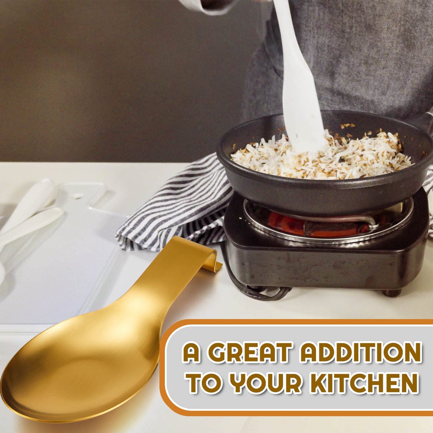 Nuanchu 6 Pcs Stainless Steel Spoon Rest Large Size Spatula Ladle Holder Spoon for Stove Top Heavy Duty Countertop Spatula Holder Dishwasher Safe Utensil Rest for Kitchen, 3.8 x 9.6" (Gold)