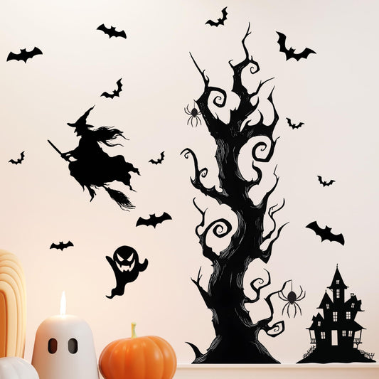 Halloween Wall Decals,Peel and Stick Halloween Theme Decor Stickers,Removable Vinyl Spooky Scary Face Wall Sticker for Holiday Party Decor. (Haunted House Creepy Tree Bats Wall Decals)