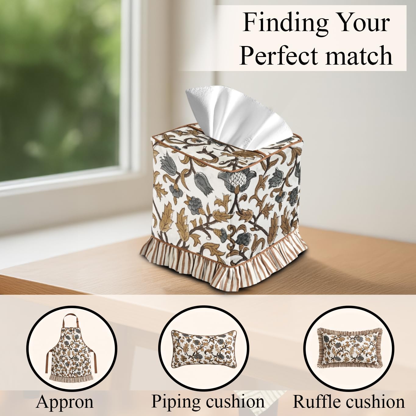 CPC Autumn Vine Hand Block Print Cotton Ruffle Tissue Box Cover 4.5"x4.5"x5"Inch, Square Decorative Tissue Holder Cover for Bathroom, Living Room, Bedroom, Home Décor, Vanity, Car Gift for Summer