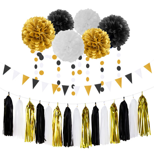 Black Gold Graduation Party Decorations - 23pcs Kits Farewell Tissue Pom Poms Flowers,Streamers Banner,Tassel Garland 50th Men Birthday Bachelorette Baby Shower Decoration Bunting Lasting Surprise