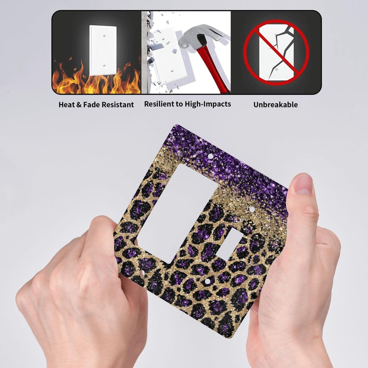 Purple Leopard Glitter Print Wild Animal Skin Texture Outlet Covers 1 Toggle 1 Rocker Combination Decorative Wall Plate Electrical Switch Plates Light Switch Cover Plate for Bedroom Living Room Decor