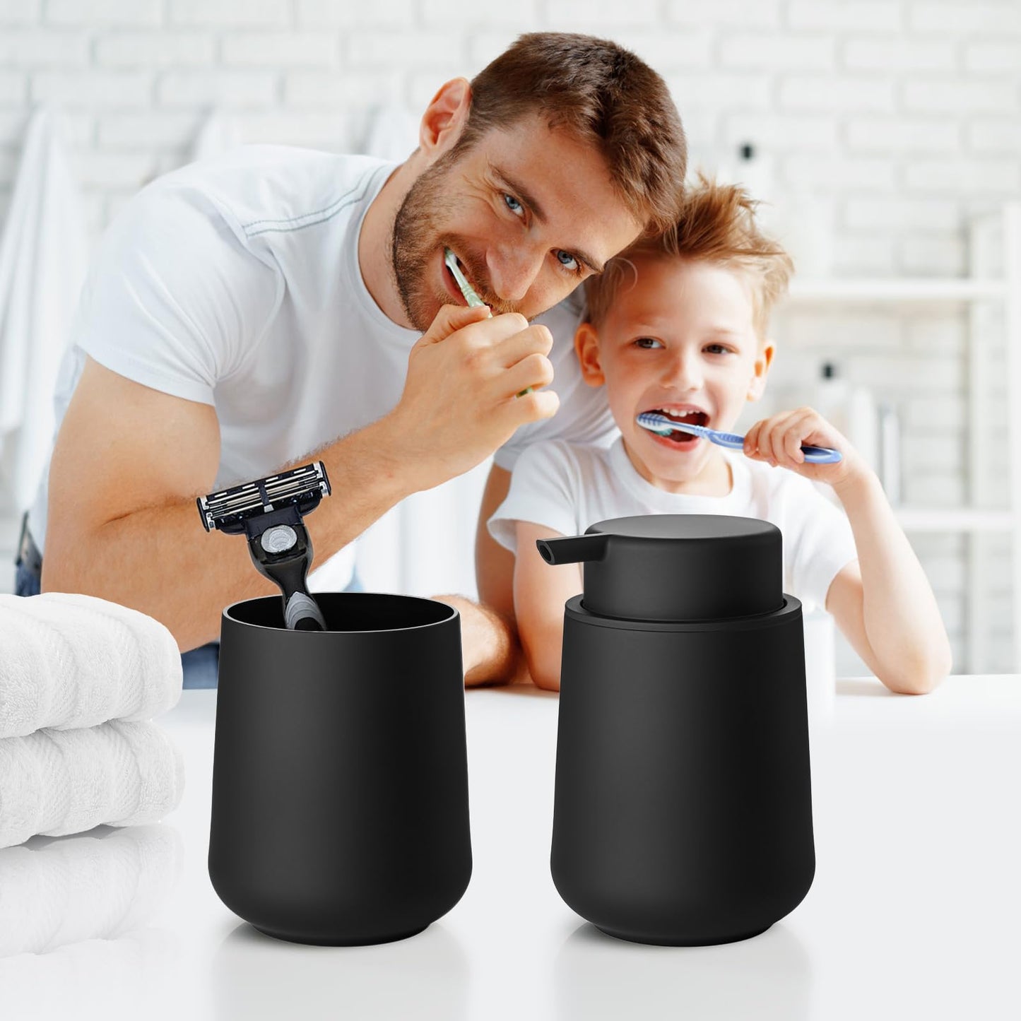 zuxzmj Matte Black Bathroom Toothbrush Holder Set Plastic Foaming Hand Soap Dispenser and Toothbrush Holders 2 Piece