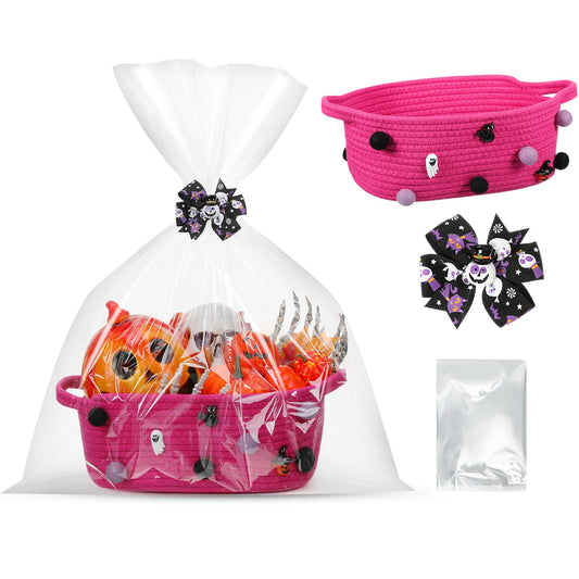 Teenyyou Halloween Gifts Basket Empty, 12" x 8" x 5" Woven Rope Basket with Gift Wrap Bag and Bow Clip for Halloween Party Gift Wrapping Decorations(Plum Red)