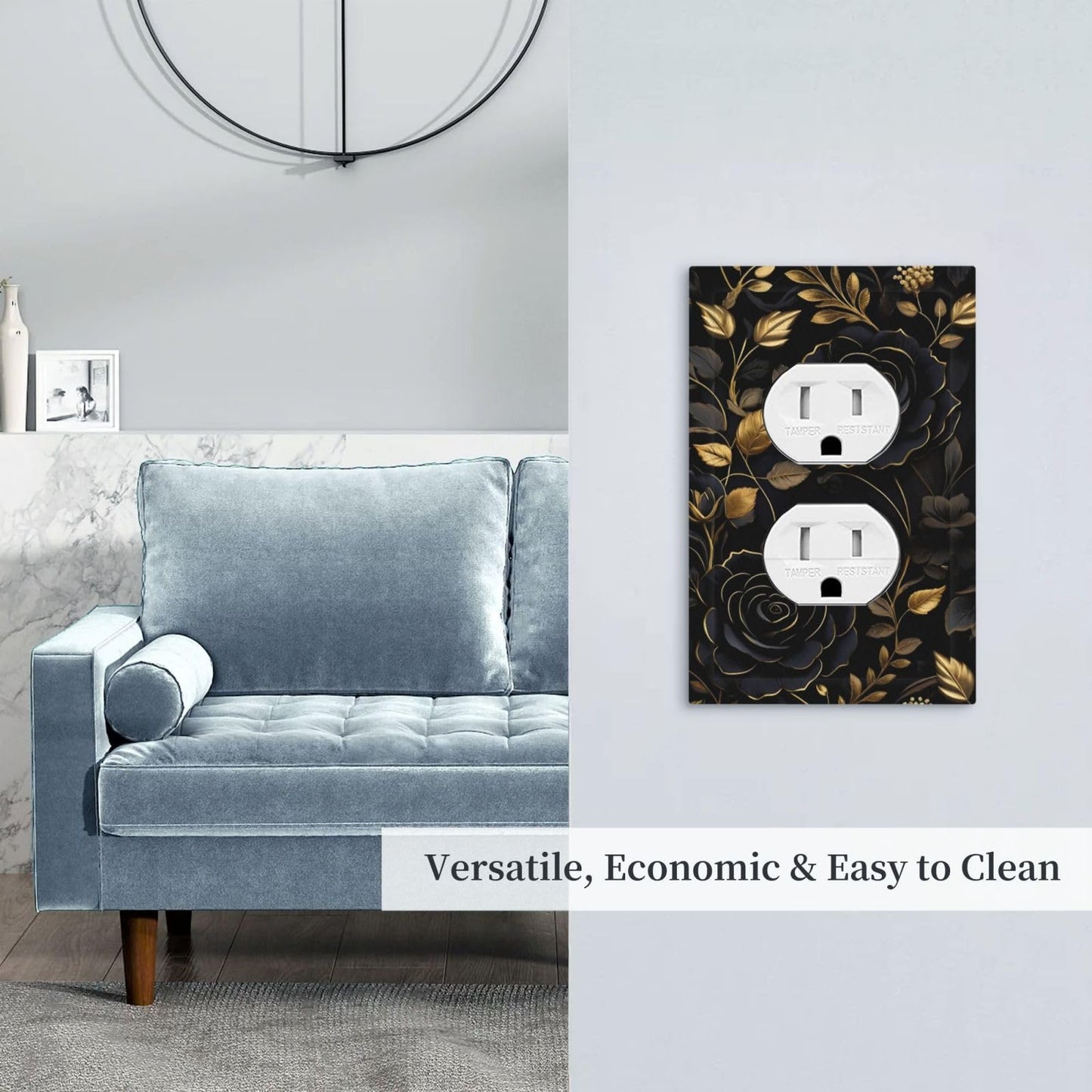 WMHUSU Decorative Outlet Covers Art Big Black Flowers Golden Leaves 1 Gang Wall Plate Receptacle Duplex Light Switch Cover Plate Single Dual Plug Covers Electrical Switchplate Faceplate (2 Pack)