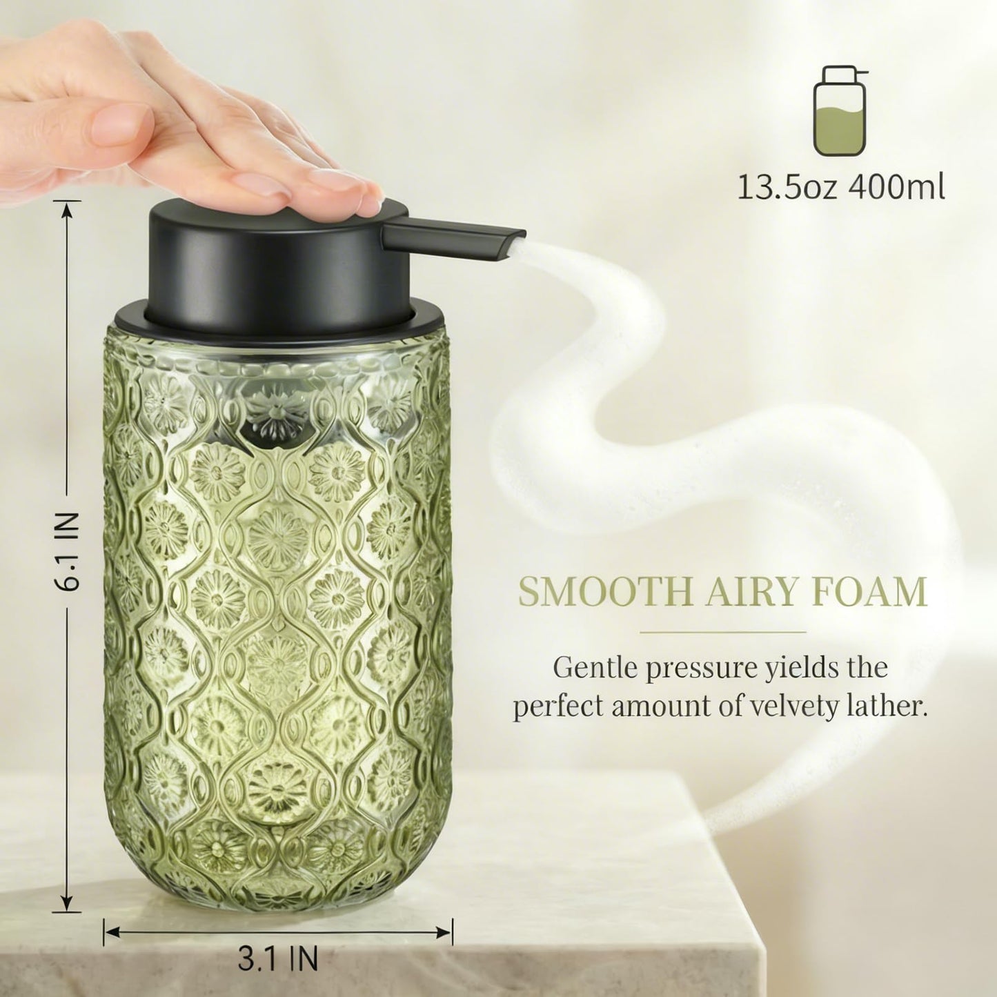 zuxzmj Green Glass Foaming Hand Soap Dispenser with Matte Black Pump Thick Embossed Bottle Refillable for Bathroom and Kitchen Decor 13.5 oz