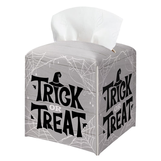 Halloween Trick Or Treat Tissue Box Holder, Spider Web Grey Leather Tissue Box Cover Square, Facial Paper Organizer Dispenser Toilet Paper Holder for Bathroom Kitchen Office Home Decor-A09