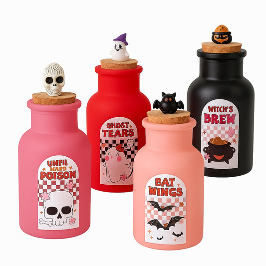 Potchen 4 Kit Halloween Potion Bottles with Cork for Indoor Decorations, Pink Apothecary Witch Potion Bottle with Cork Bottle Cap Decoration Stickers for Craft Home Tiered Tray Decor Party Supplies
