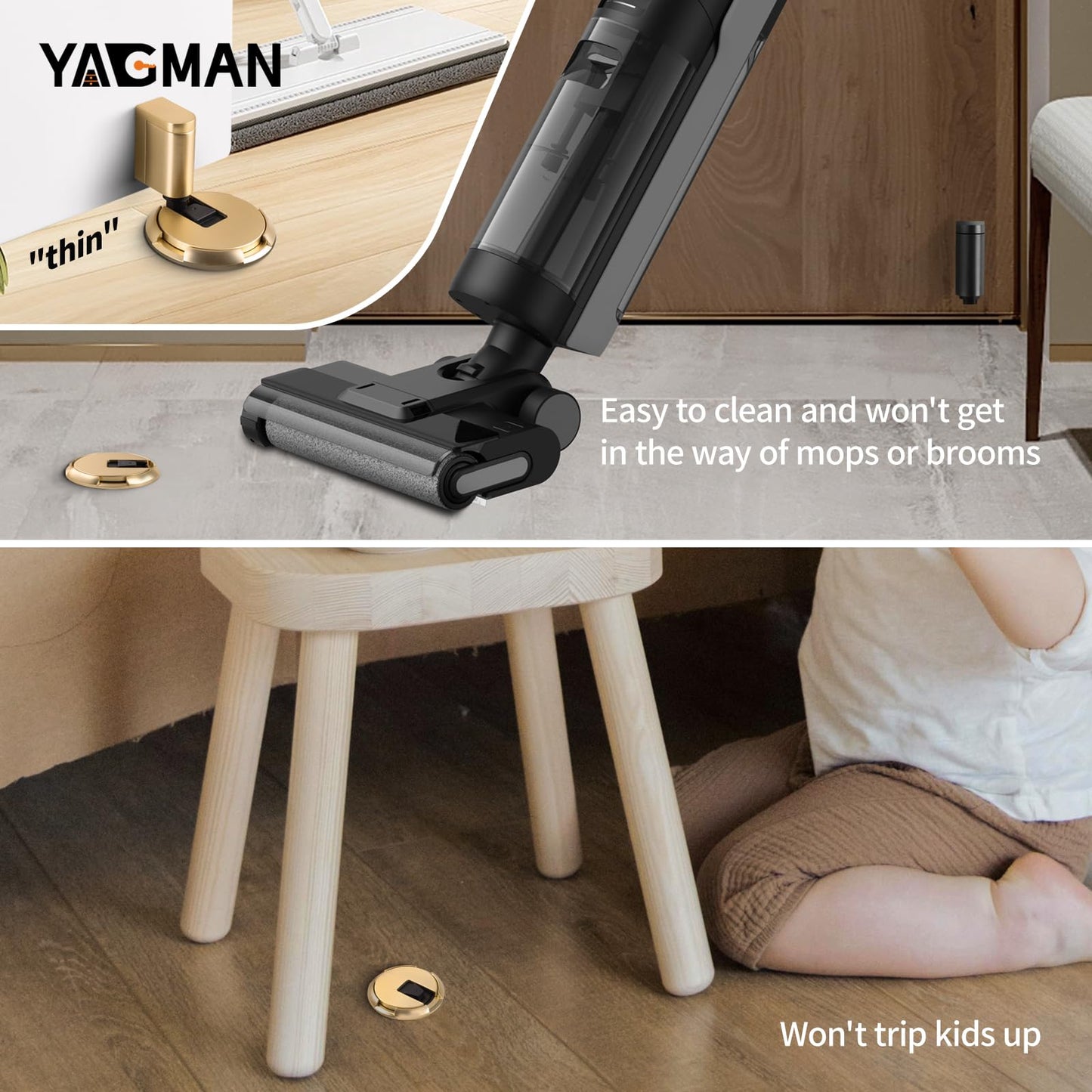 2 Pack Adjustable Bottom Door Stopper Windproof Door Holder No Drilling Mechanical Floor Door Stop with Screw and Adhesive Brushed Gold BG-2