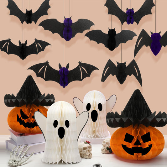 Fourluoo 12 Pcs Halloween Hanging Decor Honeycomb Decorations White Hanging Paper Ornament Reusable Scary Party Decor Paper Lanterns for Indoor Outdoor (Bat)